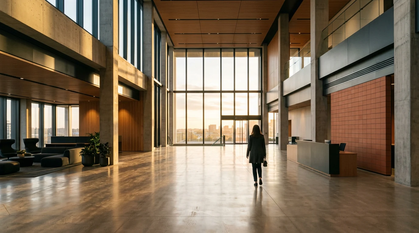 Modern corporate lobby at golden hour
