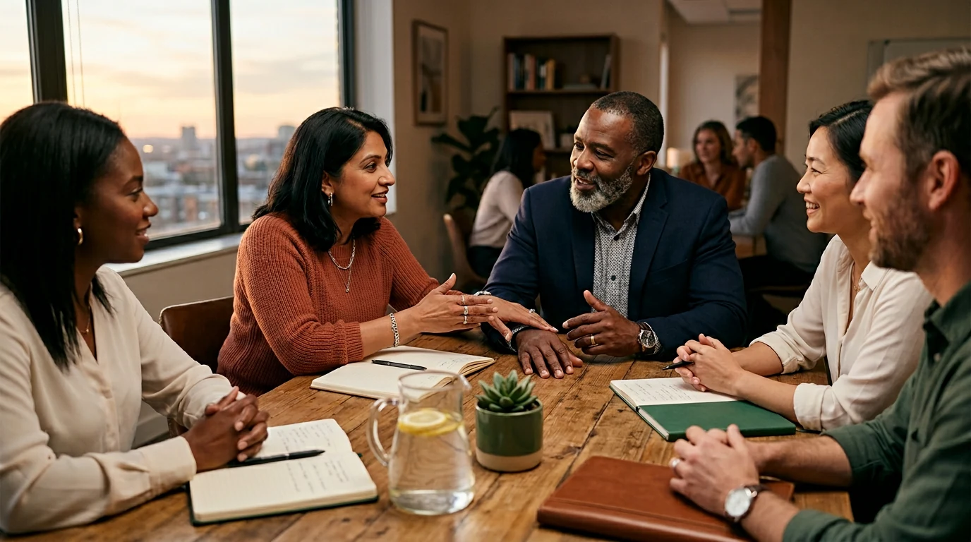 Leadership group around a sunlit conference table