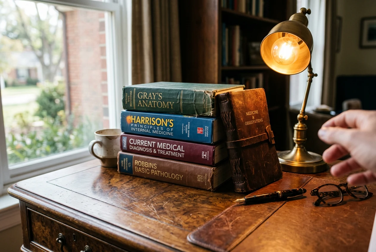 Medical textbooks and a leather journal on a warm wooden desk